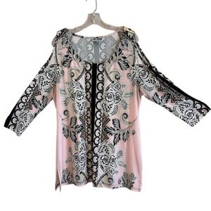 JM Collection Women's Pink & Black 3/4 Sleeve Cold Shoulder Tunic Blouse XL